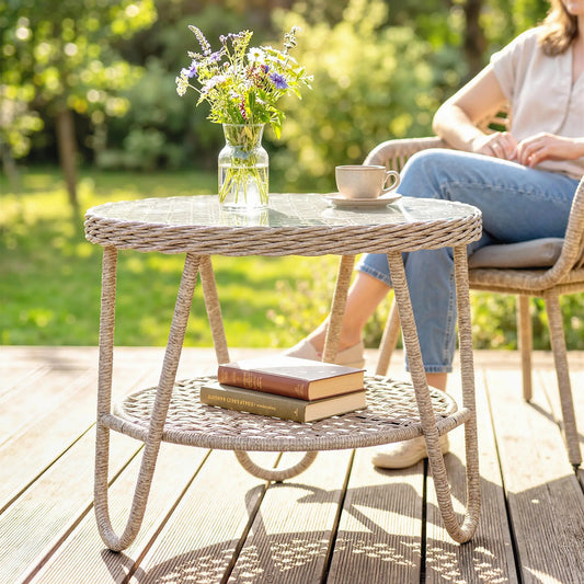 Rattan Outdoor Coffee Table, 2-Tier Small Garden Side Table, Tempered Glass Top Patio Side Tables Yellow at Gallery Canada