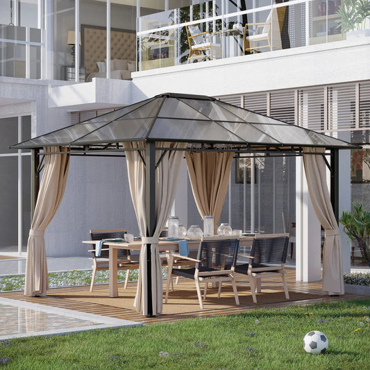 10' x 12' Hardtop Gazebo With Polycarbonate Roof, Garden Pavilion With Curtains