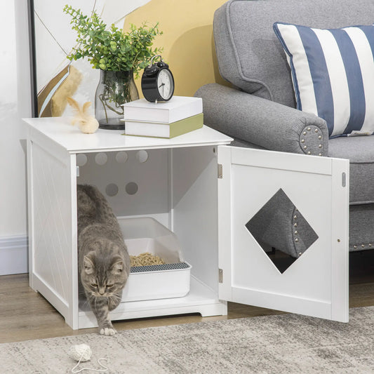 Cat Litter Box Enclosure End Table, Indoor Washroom with Magnetic Door, White Cat Litter Box Enclosures White at Gallery Canada