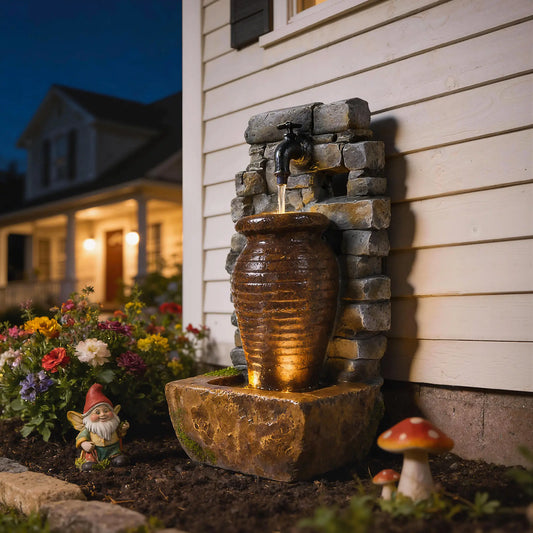 Outdoor Garden Fountain, Adjustable Water Flow, LED Lights, Rustic Urn Design