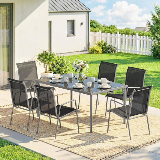 7 Piece Garden Dining Set With Rectangular Table & 6 Stackable Chairs Outdoor Dining Sets Silver, Black at Gallery Canada