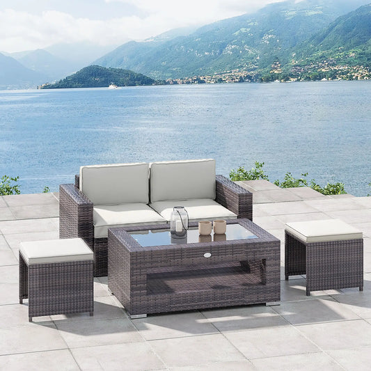 2-Tier Rattan Patio Coffee Table, PE Wicker, Tempered Glass Top, Storage Coffee Tables Mixed Grey at Gallery Canada