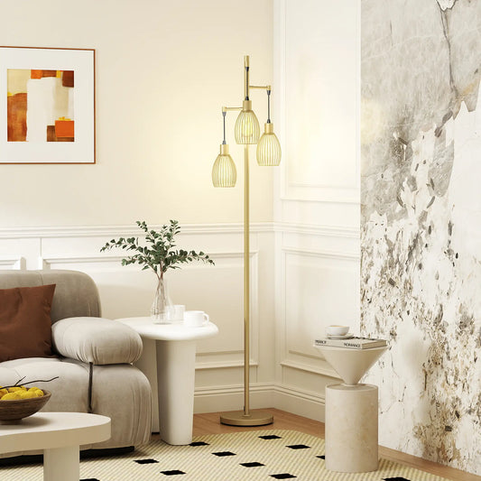 Industrial Floor Lamp, 3 Hanging Wire Lampshades, Dimmable, Gold Floor Lamps & Ceiling Fan Lights Gold at Gallery Canada