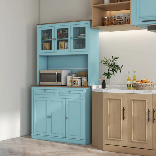 71" Pantry Cabinet with Microwave Space, Buffet Hutch, 2 Drawers, Adjustable Shelves, Glass Doors, Blue Kitchen Pantry Cabinets Blue, Oak at Gallery Canada