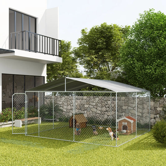 Outdoor Dog Kennel, Heavy Duty Playpen, Secure Lock, Cover, 15.1' x 15.1' x 7.5' Houses, Kennels & Pens Silver at Gallery Canada