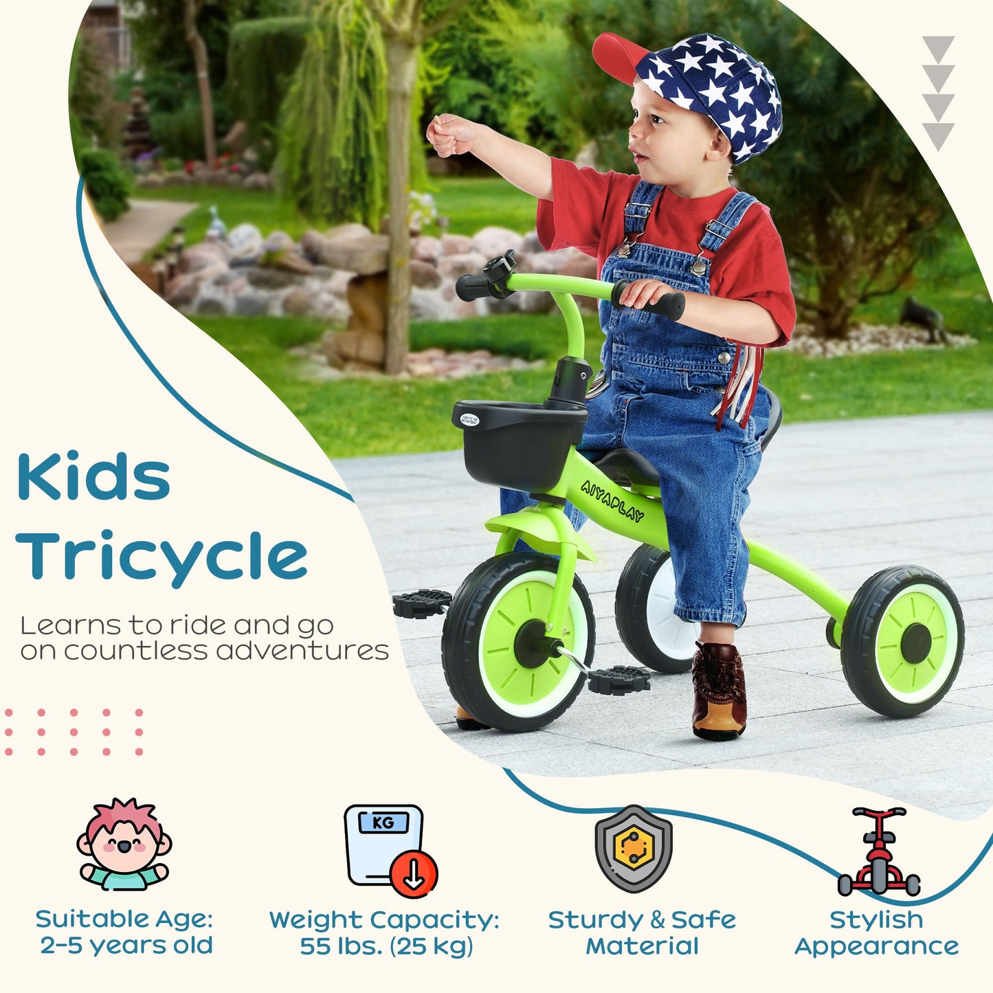 Tricycle for Toddler 2-5 Year Old Girls and Boys, Toddler Bike with Adjustable Seat, Basket, Bell, Green at Gallery Canada