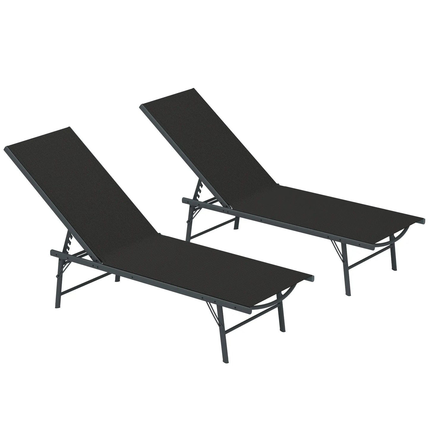 Folding Outdoor Lounge Chairs, 2 Pieces, Adjustable Back, Mesh Seat, Black