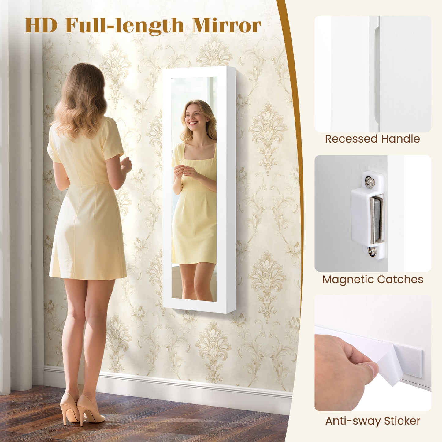 Mirrored Jewelry Cabinet With LED Light, White