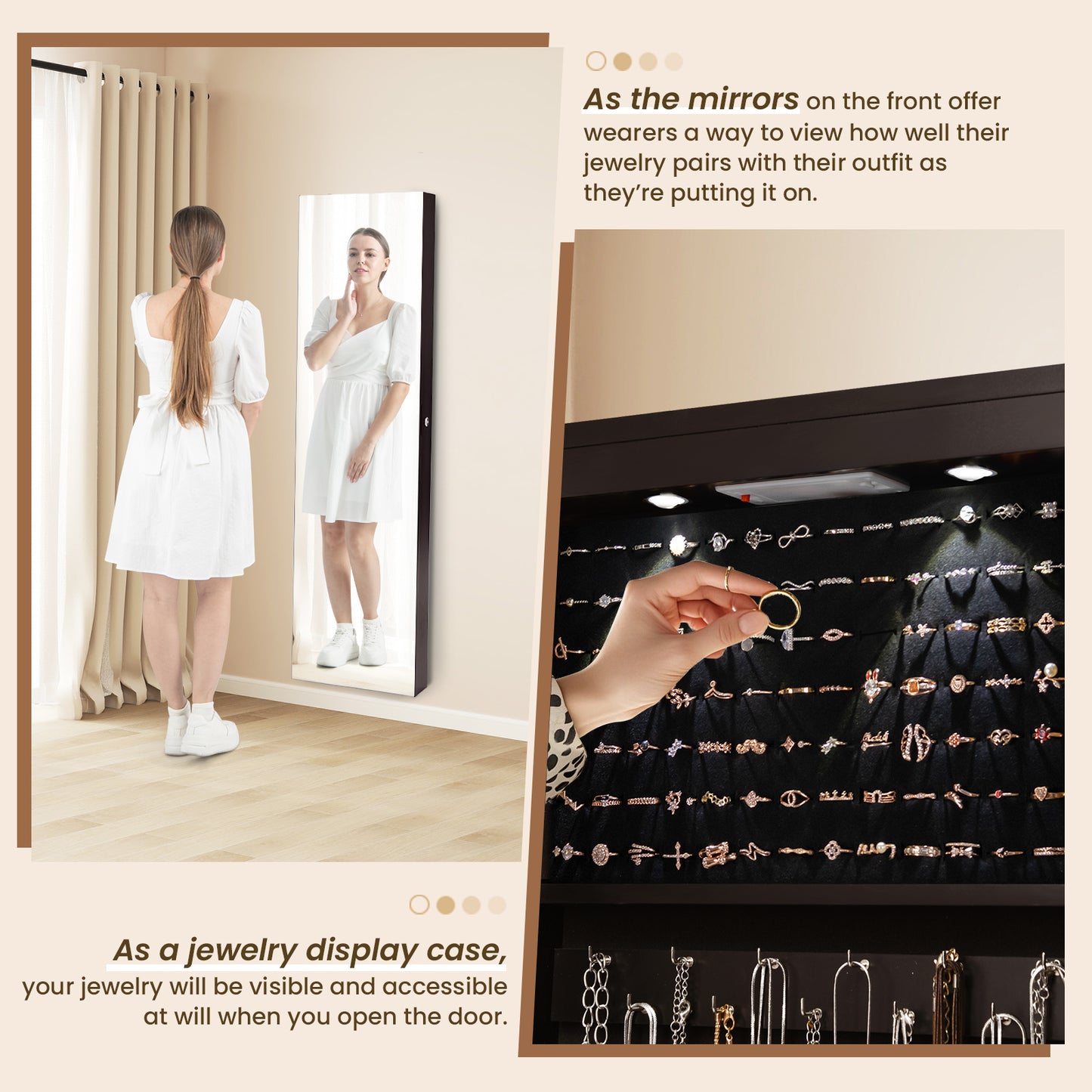 Wall Mounted Mirrored Jewelry Cabinet With Lights, Brown