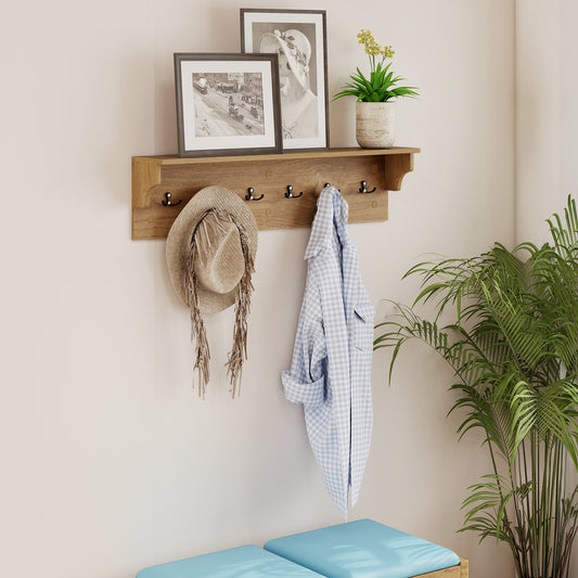 Wall Hooks with Shelf 31.5inch Wooden Coat Rack with 6 Hooks for Hats Towels Purses Robes, Natural Coat Racks & Hall Trees Natural at Gallery Canada