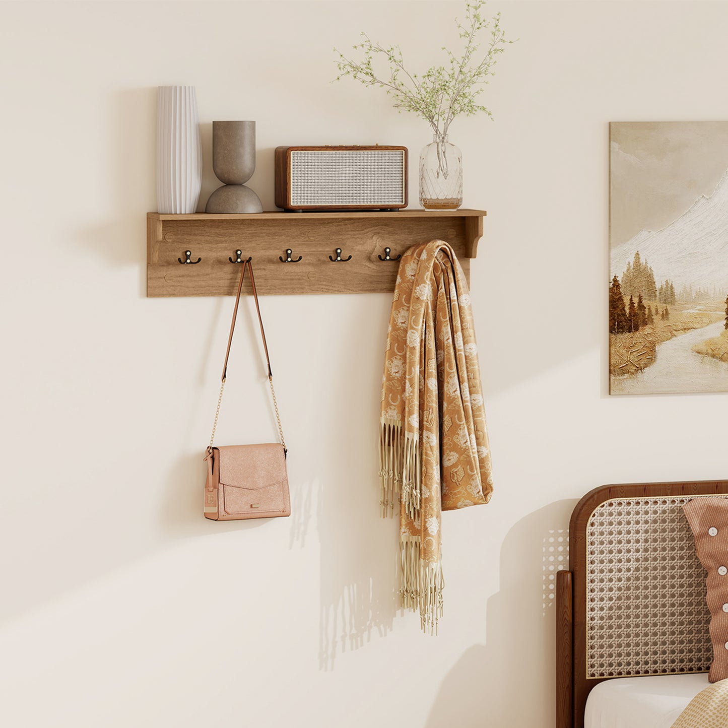 Wall Hooks with Shelf 31.5inch Wooden Coat Rack with 6 Hooks for Hats Towels Purses Robes, Natural Coat Racks & Hall Trees at Gallery Canada