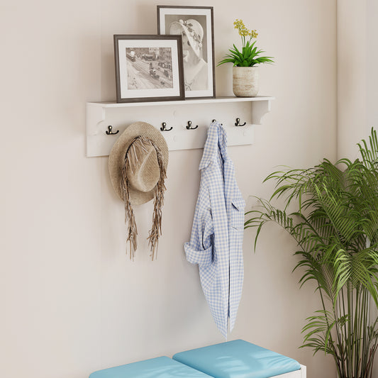 Wall Hooks with Shelf 31.5inch Wooden Coat Rack with 6 Hooks for Hats Towels Purses Robes, White Coat Racks & Hall Trees White at Gallery Canada