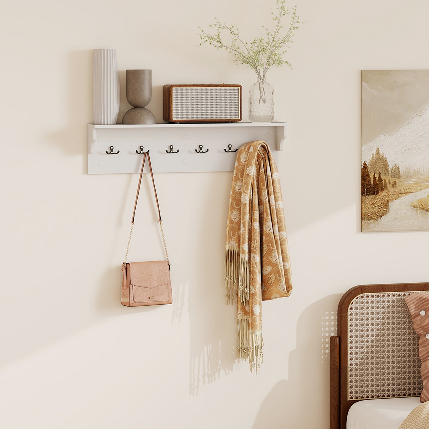 Wall Hooks with Shelf 31.5inch Wooden Coat Rack with 6 Hooks for Hats Towels Purses Robes, White Coat Racks & Hall Trees at Gallery Canada