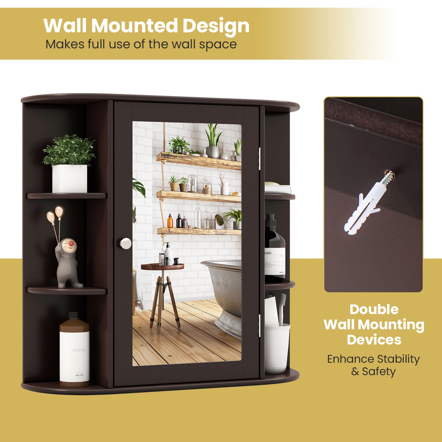 Wall-Mounted Bathroom Mirror Cabinet with Storage Shelves, Brown Wall Cabinets at Gallery Canada