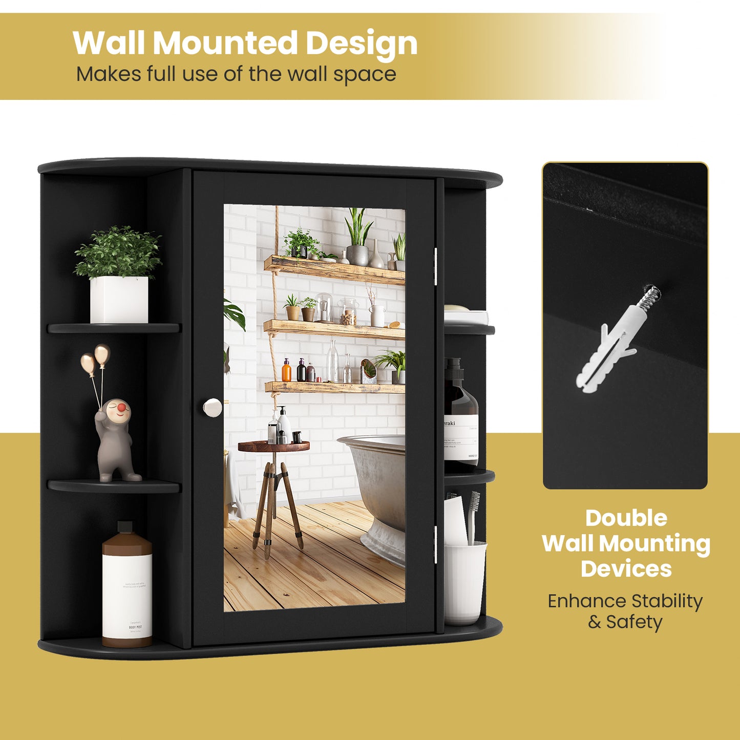 Wall-Mounted Bathroom Mirror Cabinet with Storage Shelves, Black Wall Cabinets at Gallery Canada