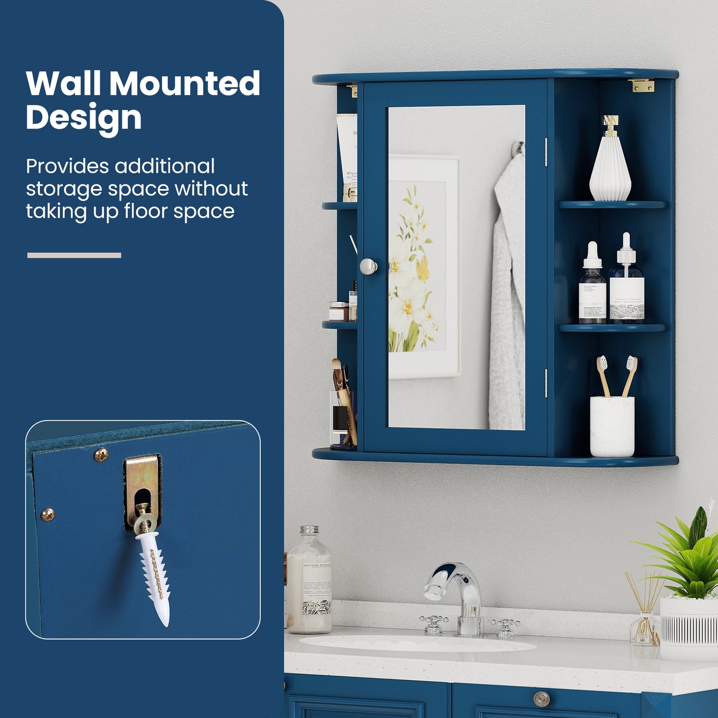 Wall-Mounted Bathroom Mirror Cabinet with Storage Shelves, Blue