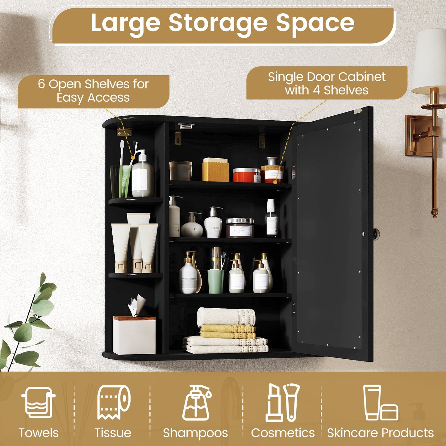 Armoire miroir de salle de bain murale avec étagères de rangement, noir