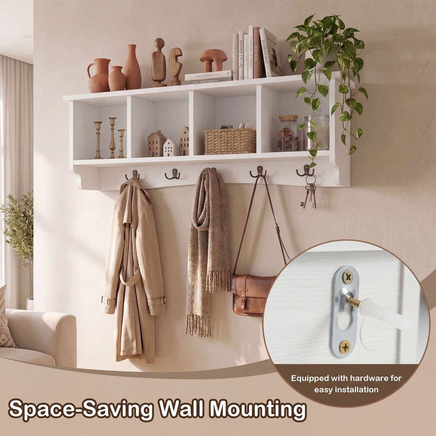 Wall-Mounted Coat Rack with 4 Cubbies and 5 Double Hooks and Wooden Shelf, White Coat Racks & Hall Trees at Gallery Canada