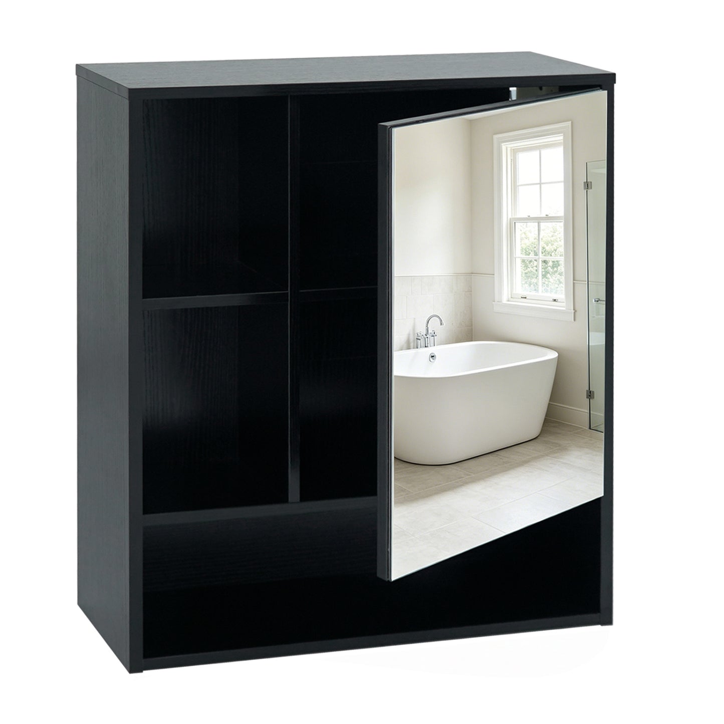 Wall-Mounted Mirror Cabinet with 2 Hidden Shelves and 3 Open Compartments, Black