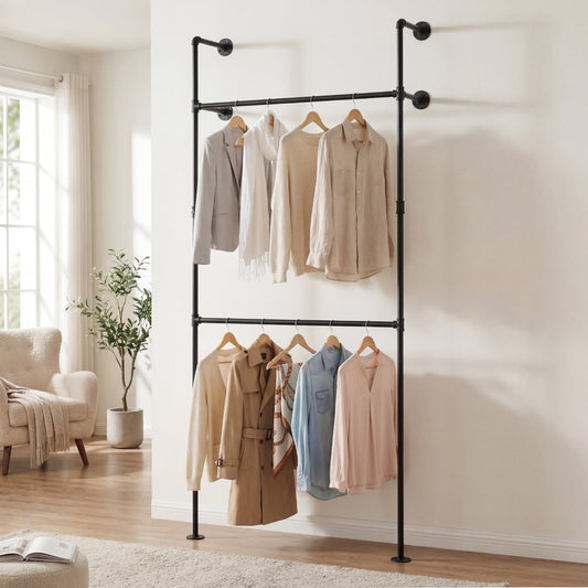 Wall Mounted Pipe Clothing Rack, 2 Hanging Rods, Black Clothing & Closet Storage Black at Gallery Canada