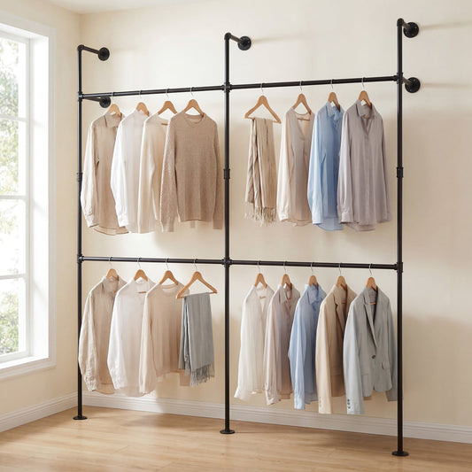 Wall Mounted Pipe Clothing Rack, 4 Hanging Rods, Black Clothing & Closet Storage Black at Gallery Canada