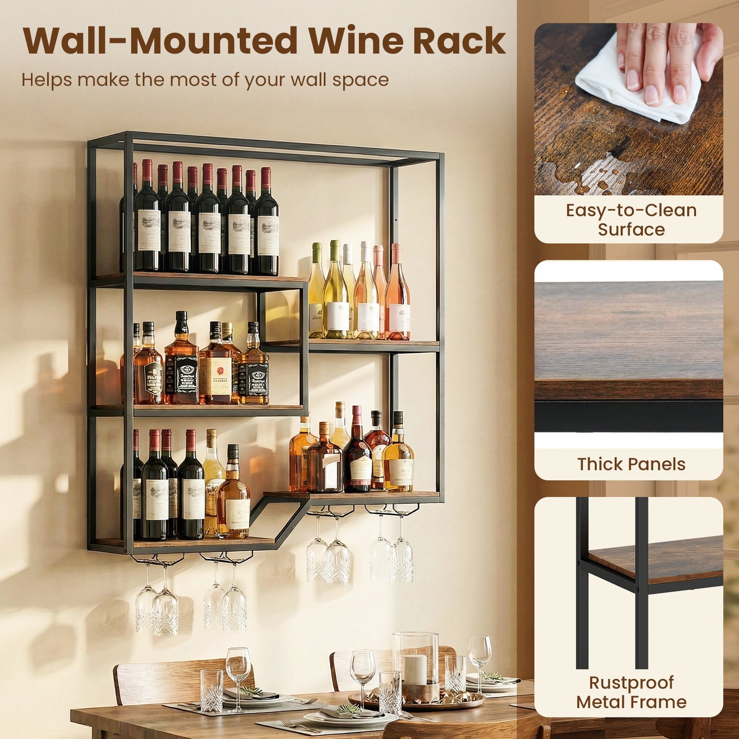 Wall Mounted Wine Rack 6-Tier Hanging Bar Shelf with Bottle Display Shelf and Glass Holder, Rustic Brown Wine Racks at Gallery Canada