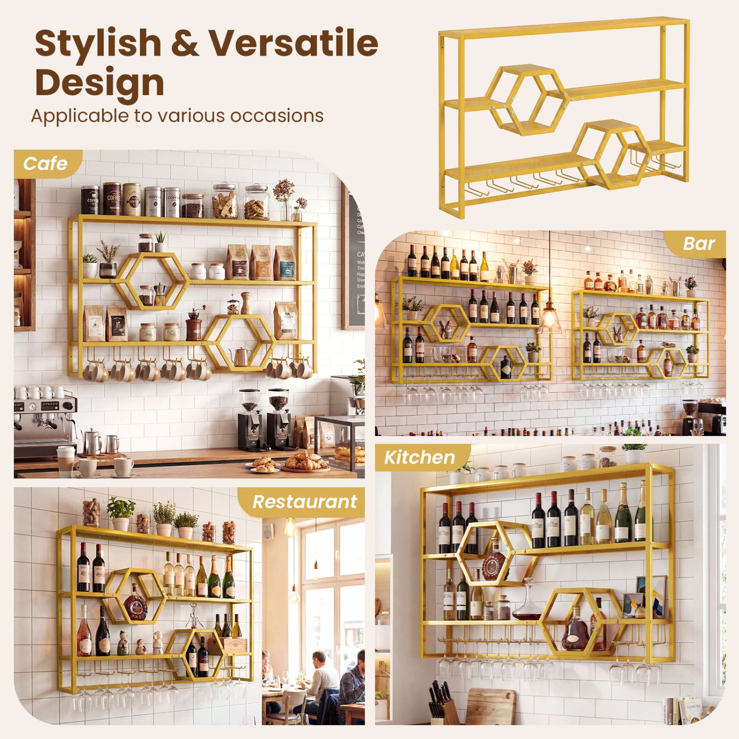 Wall Mounted Wine Rack 47" Large Floating Bar Shelves, Gold Wine Racks at Gallery Canada