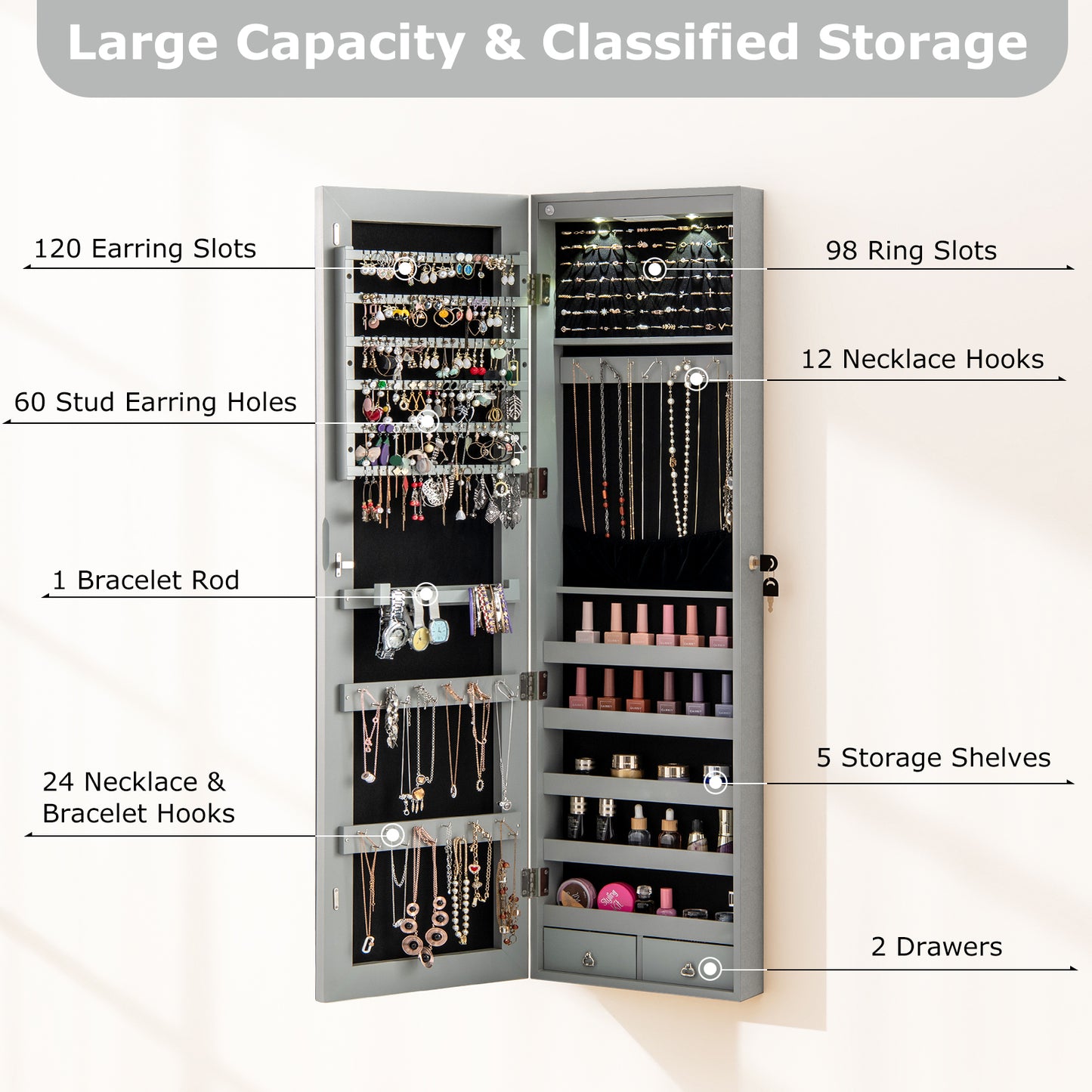 Wall and Door Mounted Mirrored Jewelry Cabinet with Lights, Gray Jewelry Armoires at Gallery Canada