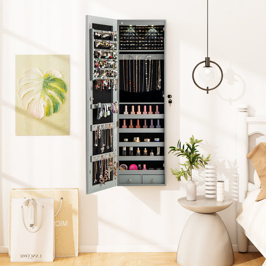 Wall Door Mounted Mirrored Jewelry Cabinet With Lights, Gray Jewelry Armoires Gray at Gallery Canada