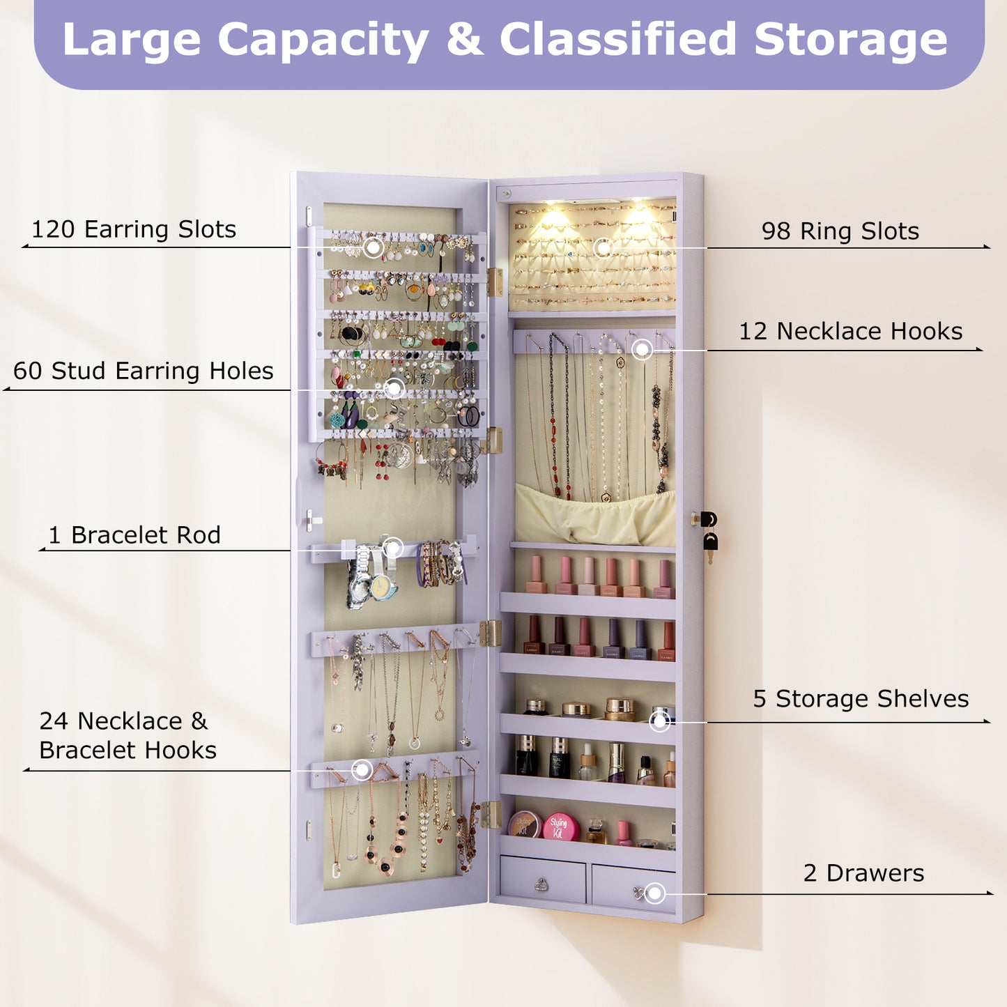 Wall Door Mounted Mirrored Jewelry Cabinet With Lights, Purple Jewelry Armoires at Gallery Canada