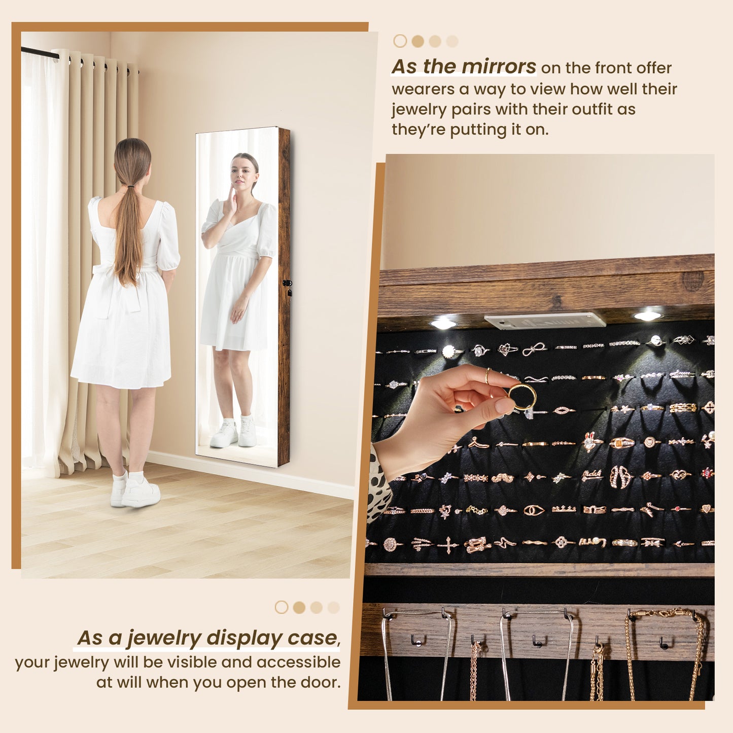 Wall and Door Mounted Mirrored Jewelry Cabinet with Lights, Rustic Brown Jewelry Armoires at Gallery Canada