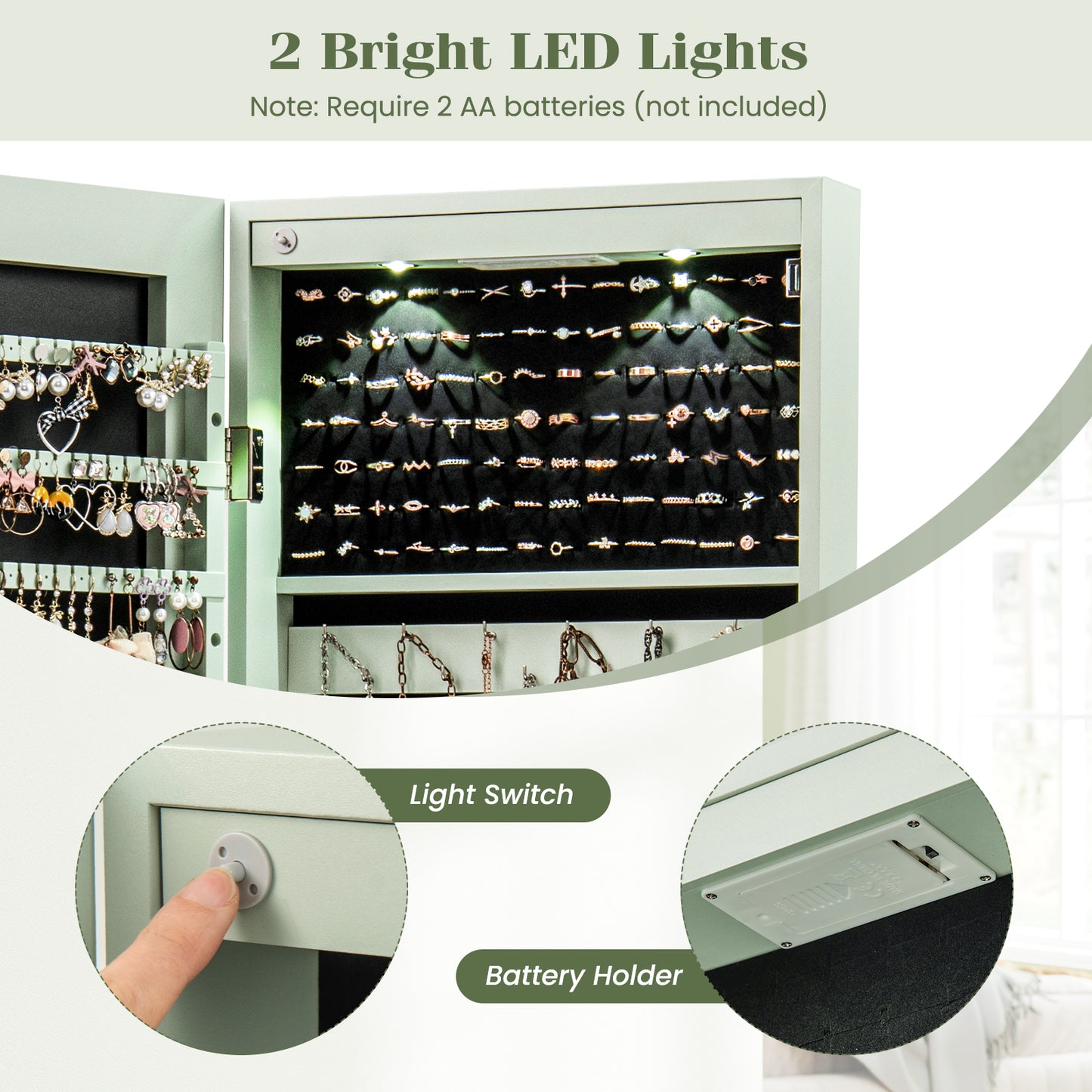 Wall and Door Mounted Mirrored Jewelry Cabinet with Lights, Green Jewelry Armoires at Gallery Canada