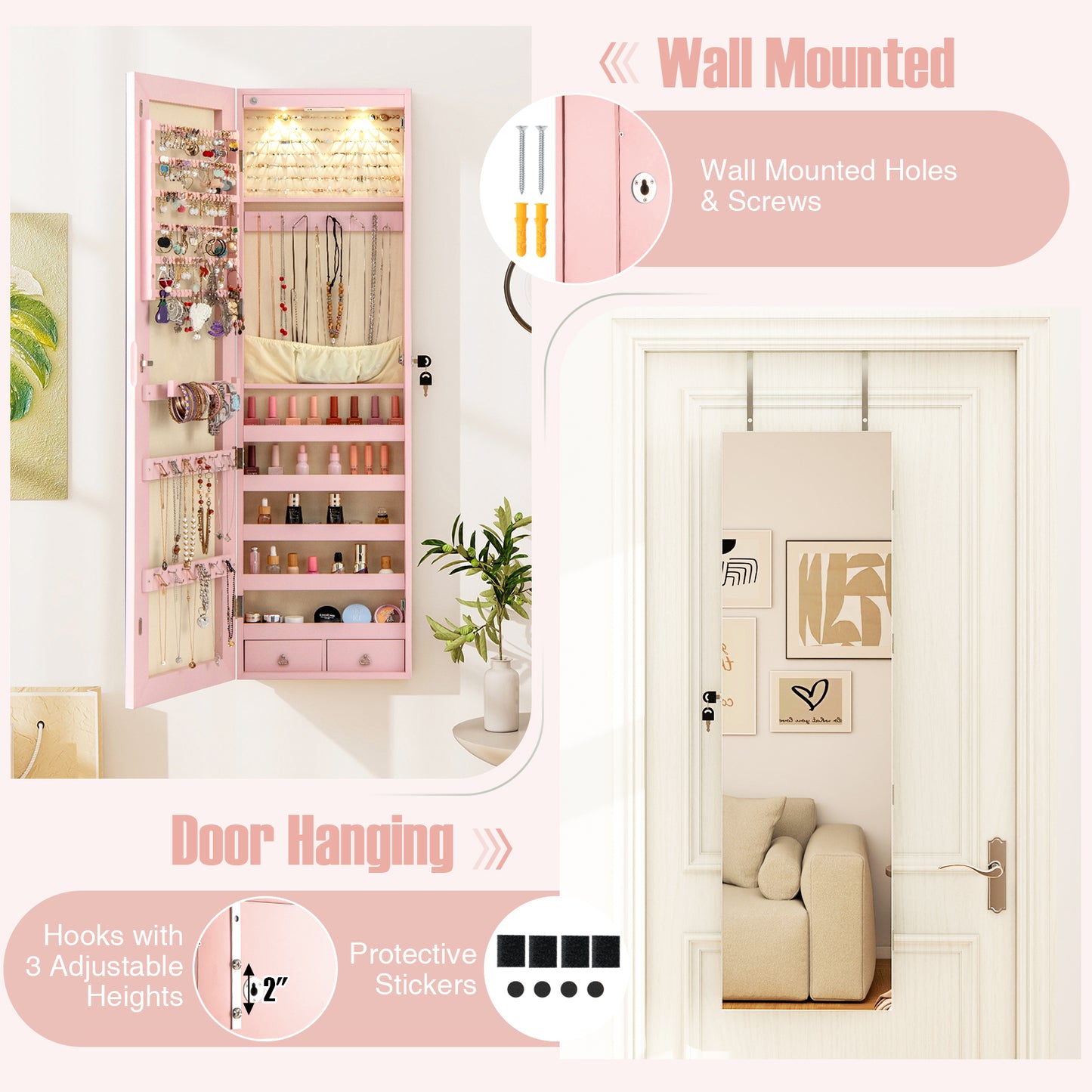 Armoire à bijoux murale avec miroir et lumières, rose