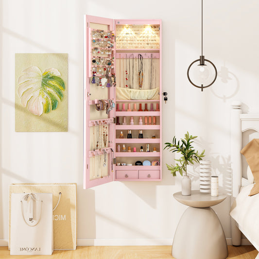Wall Mounted Mirrored Jewelry Cabinet With Lights, Pink Jewelry Armoires Pink at Gallery Canada