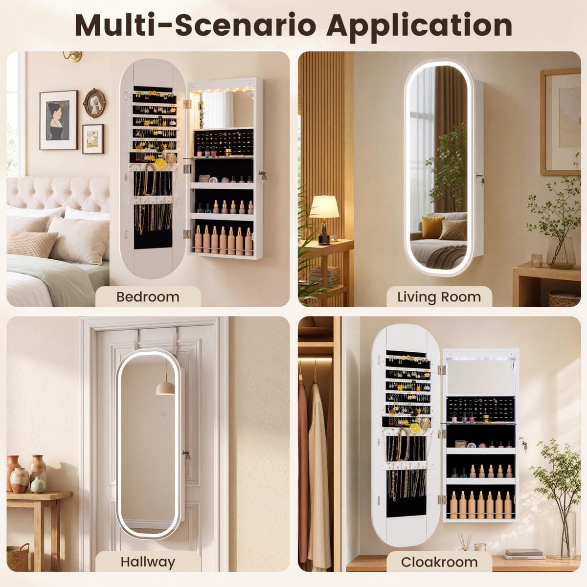 Wall Door Mounted Jewelry Cabinet, 3-Color Mirror, White