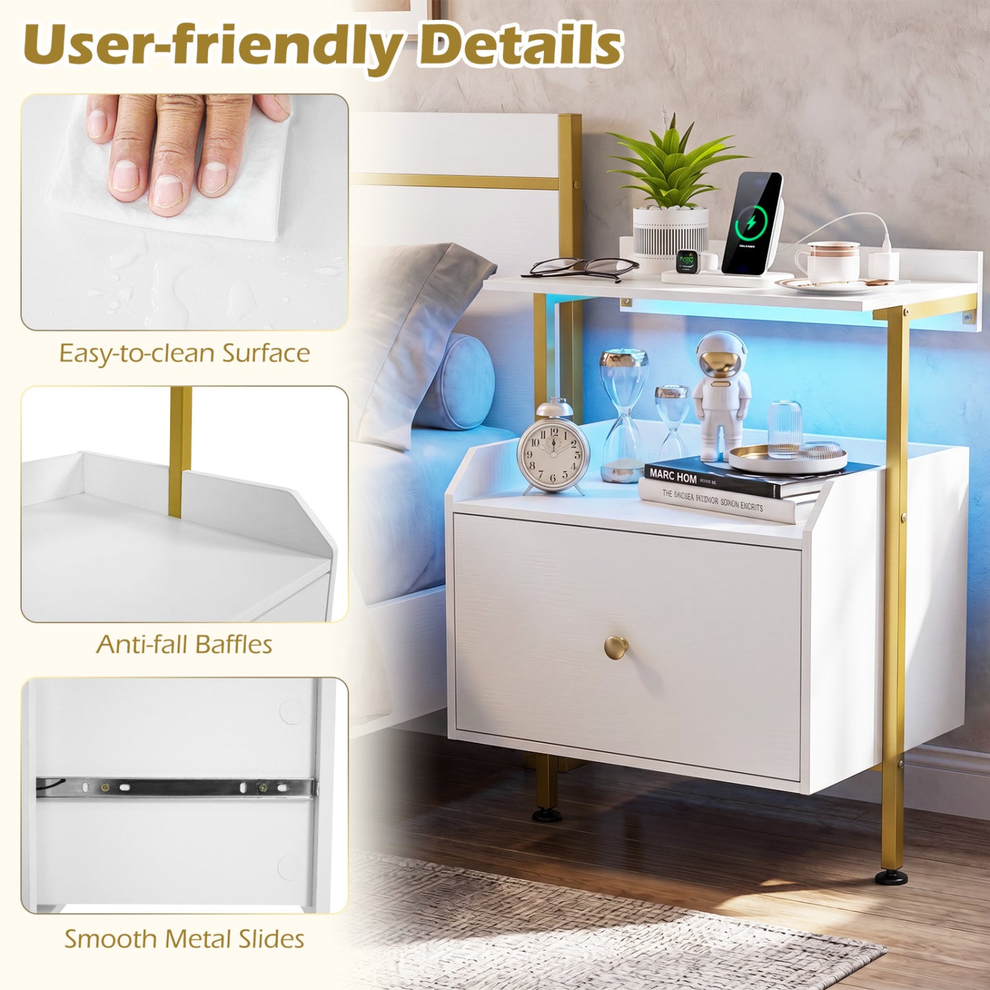 Wall-Mounted Nightstand with LED Lights, Charging Station, White Nightstands at Gallery Canada