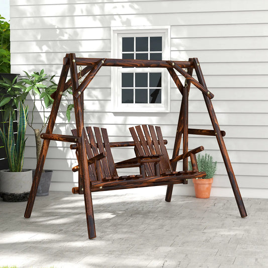 Wooden 2-Seat A-Frame Porch Swing, Rustic Patio Bench, Outdoor Furniture Patio Swings with Stand Carbonized Wood Color at Gallery Canada