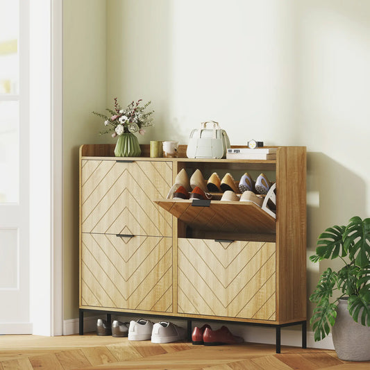 Narrow Shoe Storage Cabinet, 4 Flip Drawers, Holds 16 Pairs, Oak Shoe Storage Cabinets & Racks Oak, Black at Gallery Canada