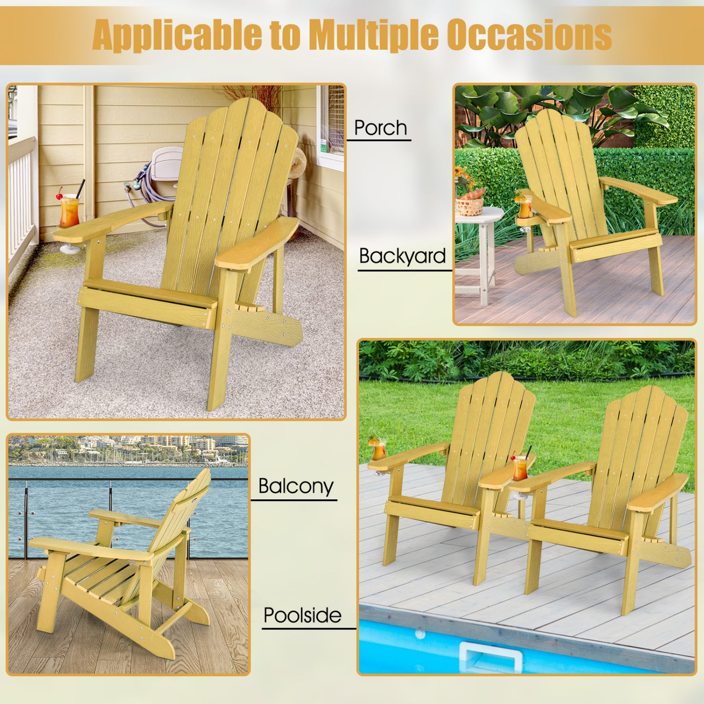 Weather Resistant Outdoor Adirondack Chair With Cup Holder, Yellow Adirondack Chairs at Gallery Canada