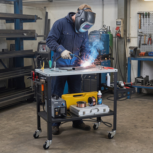 Welding Table 36x18" with Lockable Wheels and 144 Fixture Holes and Tool Slots Garages Silver and Black at Gallery Canada