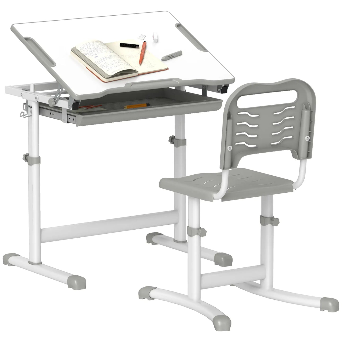 Adjustable Study Table and Chair Set, Drawer, Pen Slot, Grey Kids Desk Sets at Gallery Canada