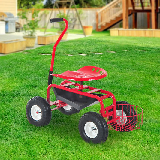 Garden Scooter, Rolling Cart, Adjustable Seat, Tool Tray, Bucket Basket, Red, Black Folding Garden Carts Red, Black at Gallery Canada