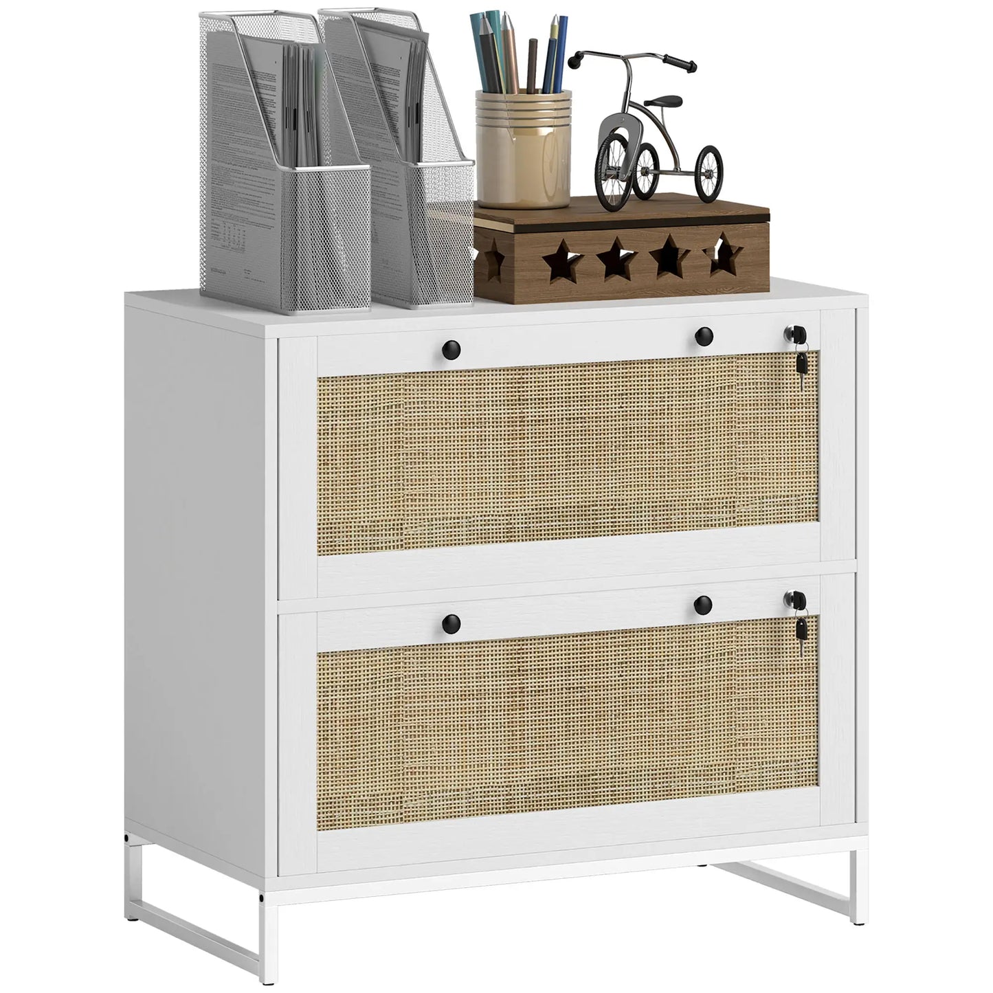 2-Drawer Filing Cabinet with Lock, Rattan, Adjustable Hanging Bar, White Office Cabinets & Cupboards at Gallery Canada