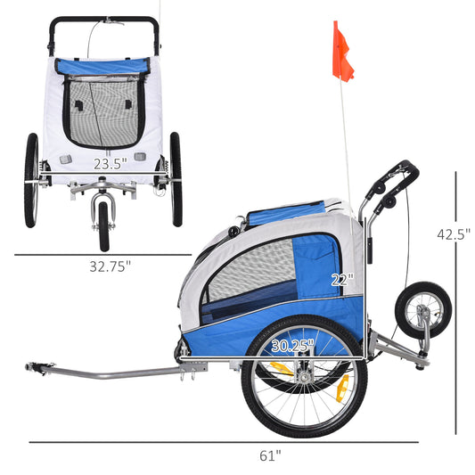 Dog Bike Trailer 2-In-1 Pet Stroller Cart Bicycle Wagon Cargo Carrier Attachment for Travel with Suspension, Hitch, Storage Pockets, Blue - Gallery Canada