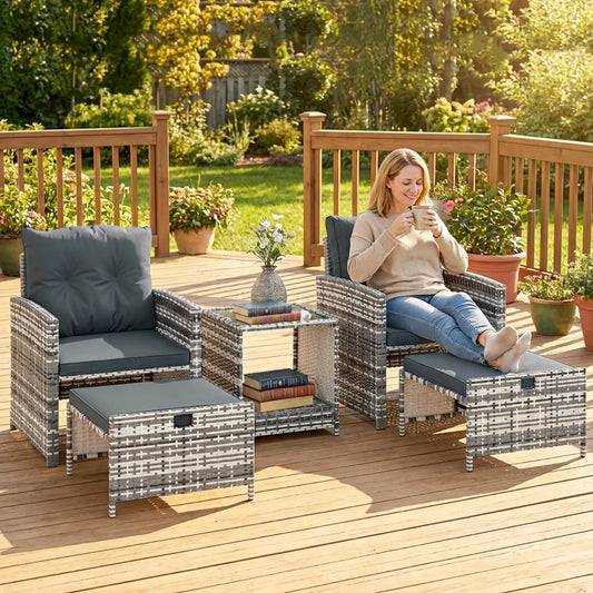 5 Piece Patio Furniture Set, Wicker Chairs, 2-Tier Glass Table, Grey/Dark Grey Patio Furniture Sets Mixed Grey, Dark Grey, Black at Gallery Canada