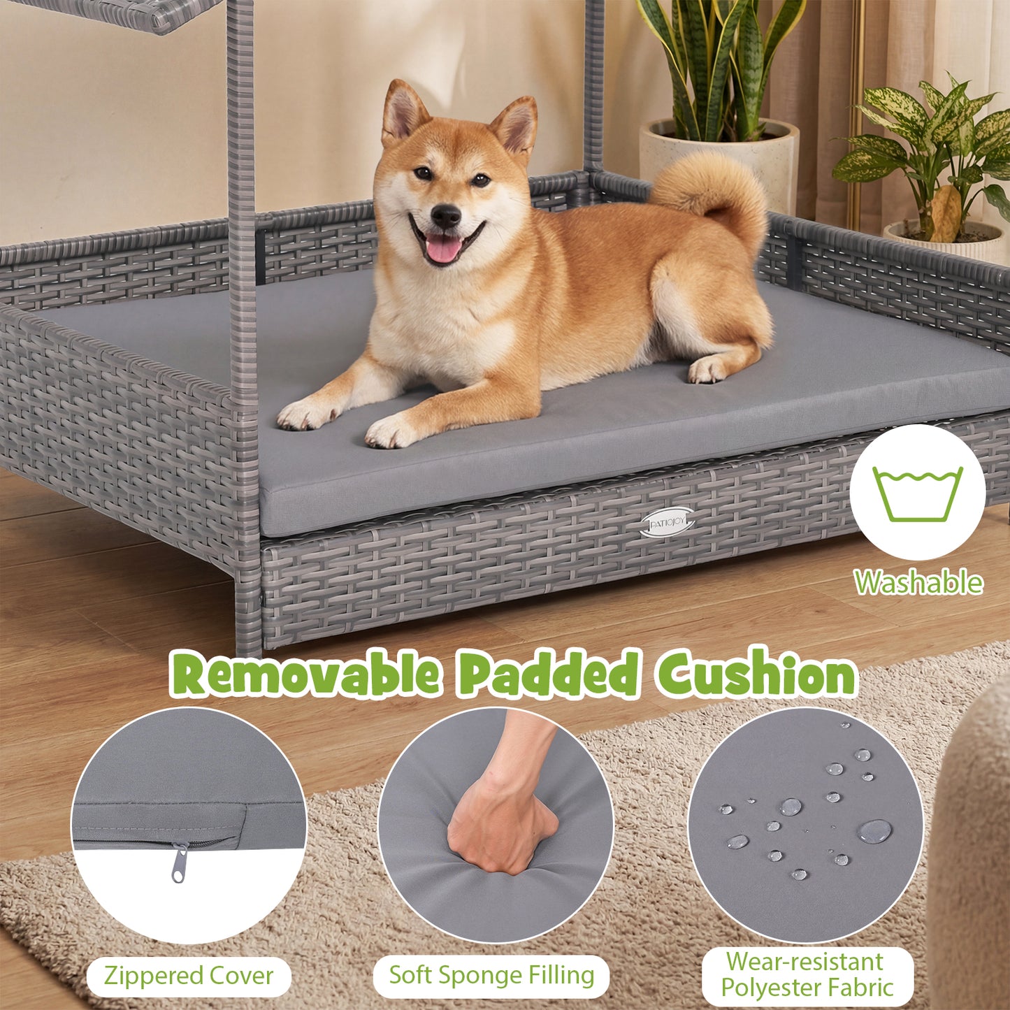Elevated PE Rattan Dog Bed With Canopy, Gray