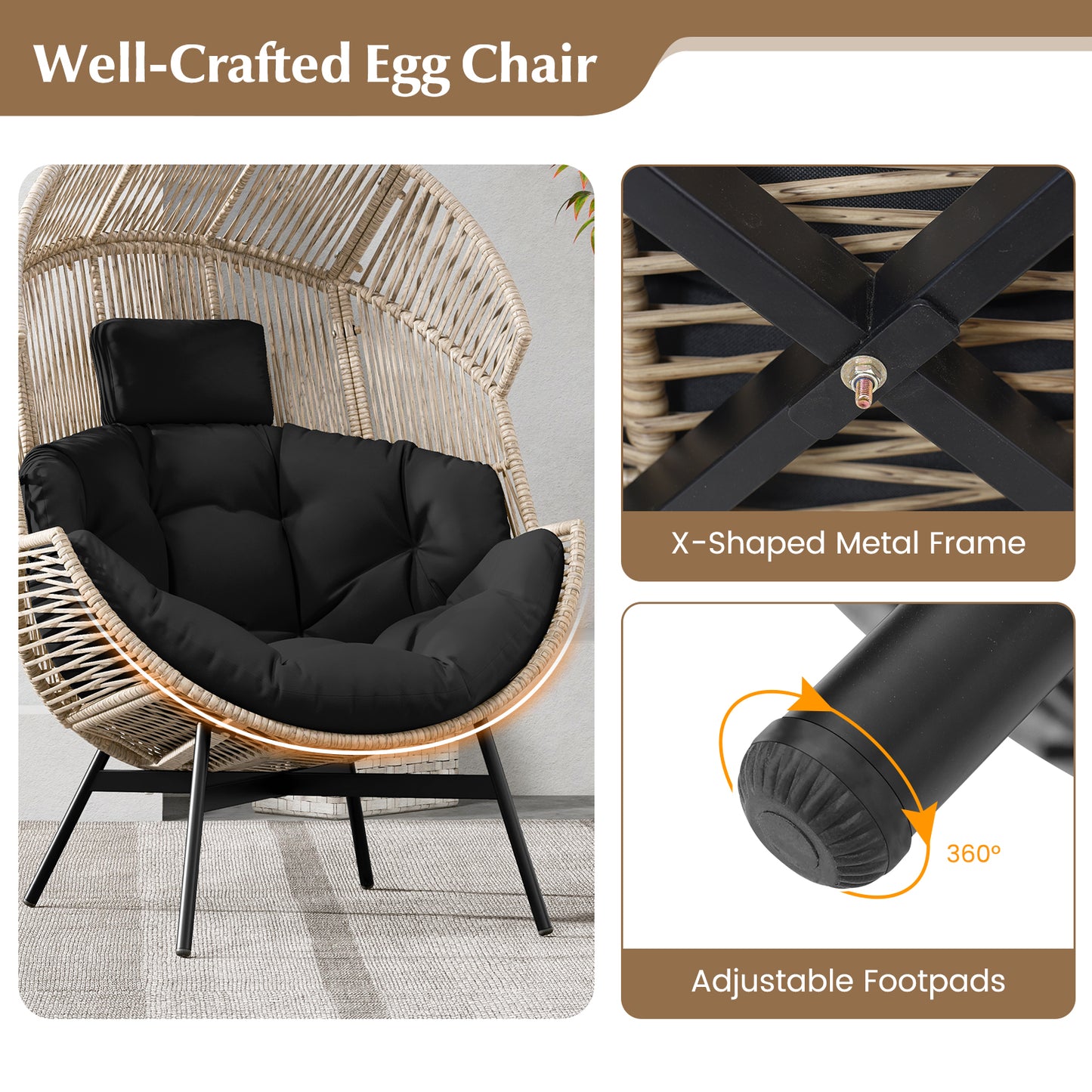 Chaise Œuf Surdimensionnée en Osier Avec Coussins, Appui-tête, Noir