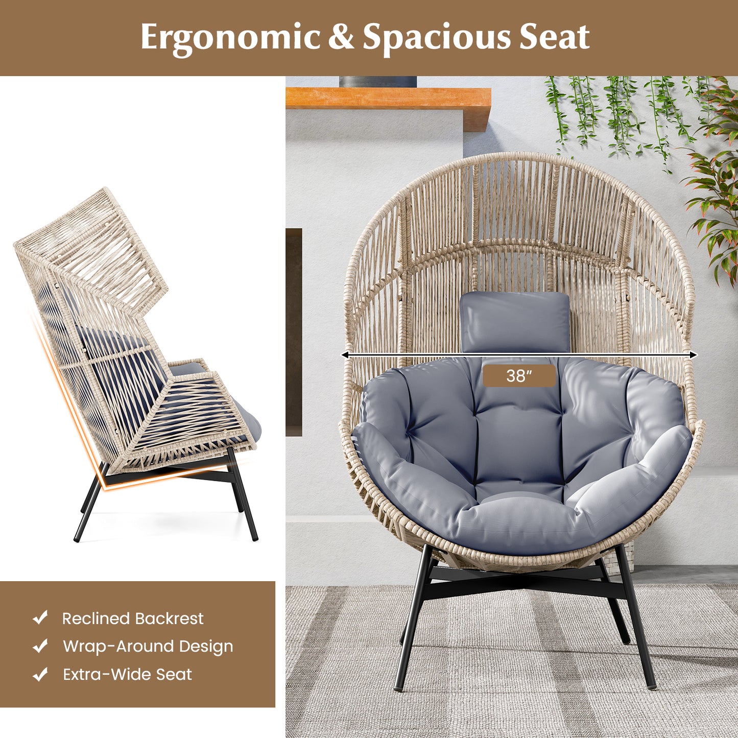 Wicker Oversized Egg Style Chair with Cushions and Headrest, Gray Outdoor Chaise Lounges at Gallery Canada