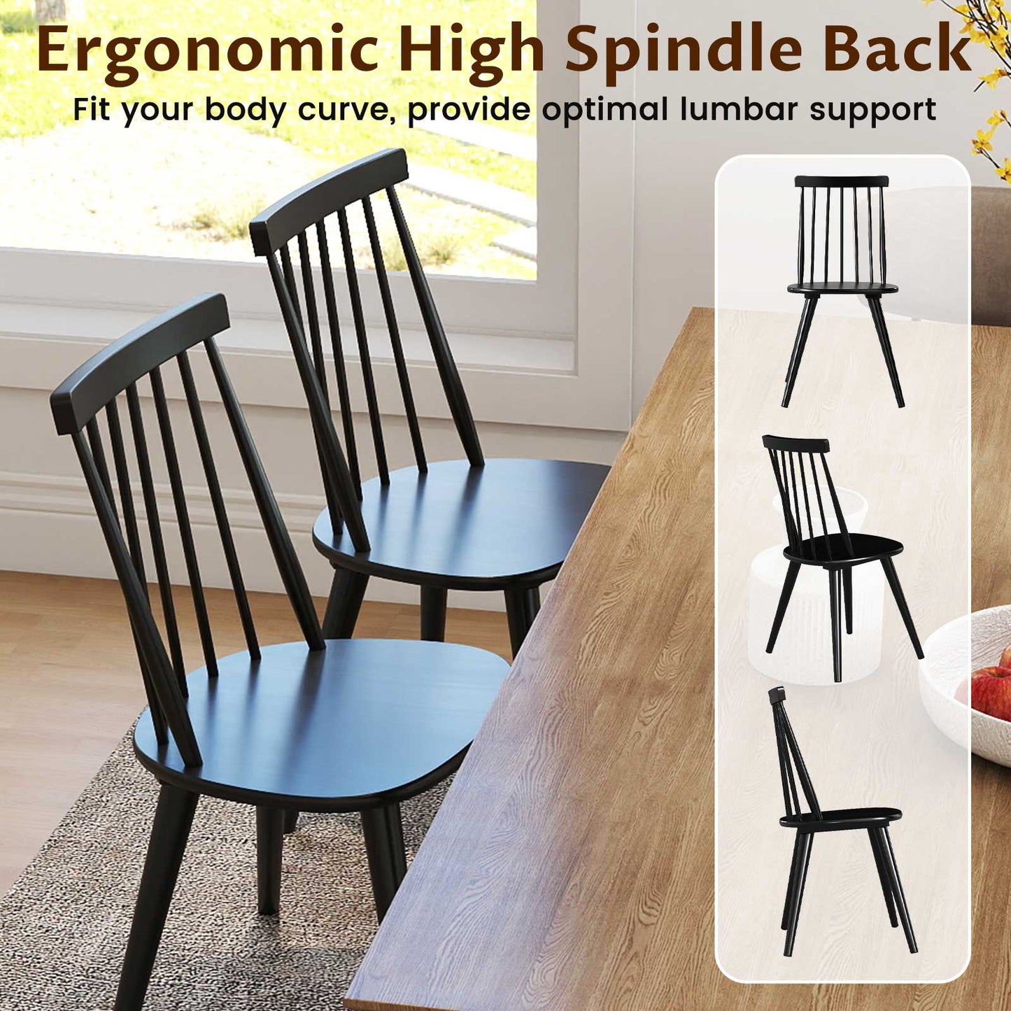 Windsor Dining Chair Set of 2, Solid Rubber Wood, Black