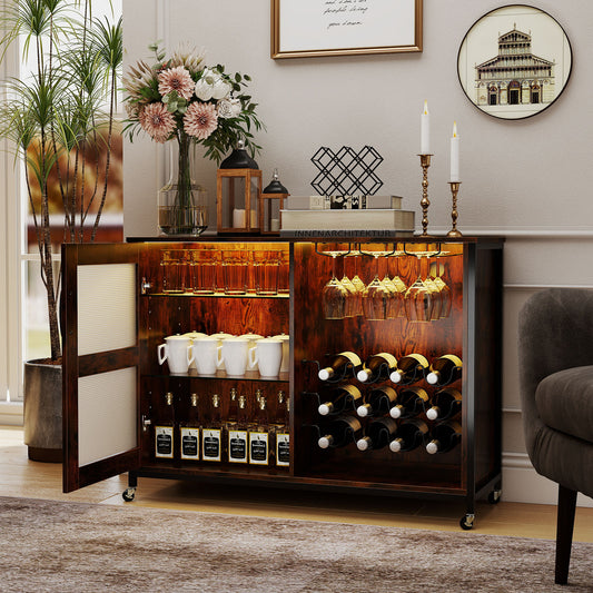 Wine Bar Cabinet, Adjustable Shelves, LED Light, Rustic Brown Wine Racks Rustic Brown at Gallery Canada